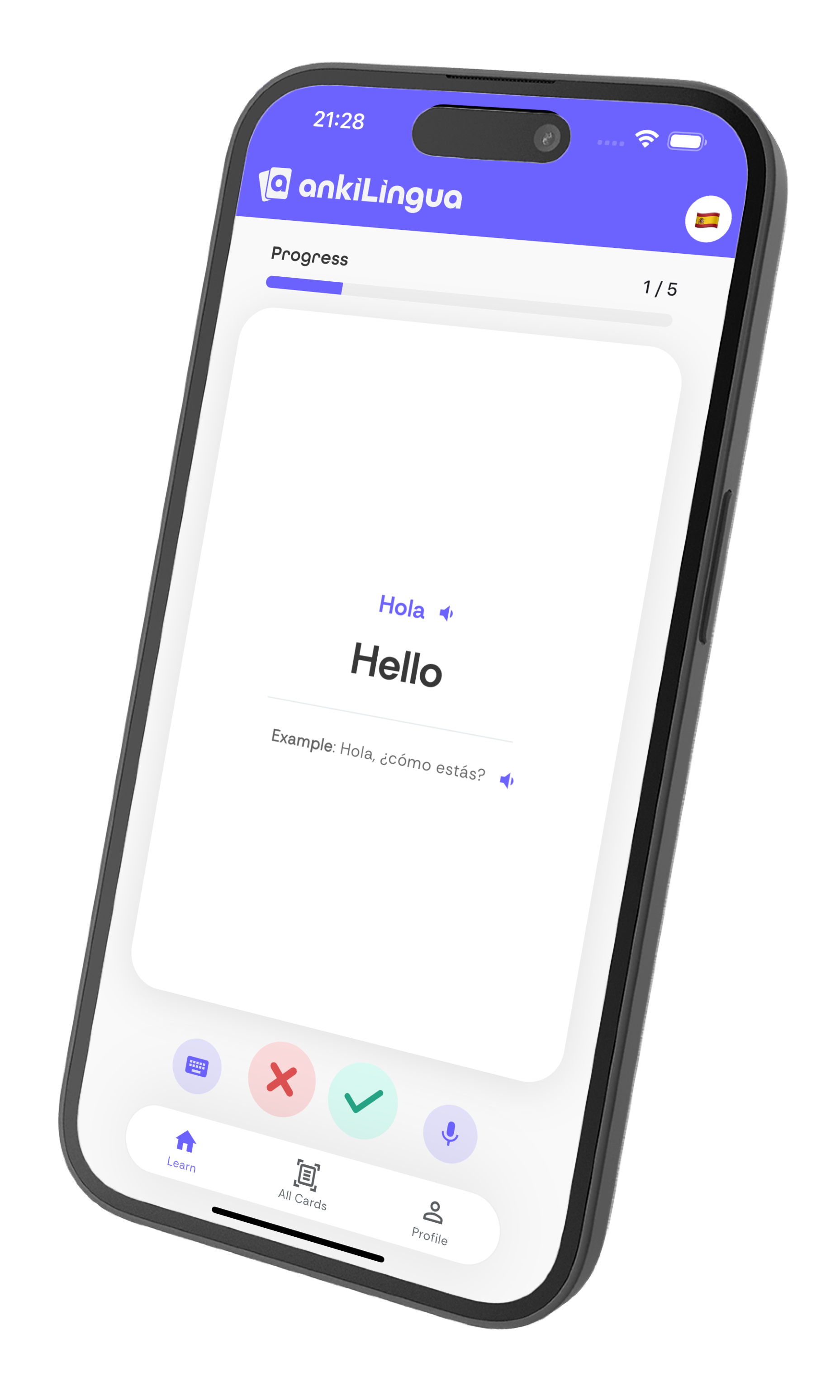 AnkiLingua app interface showing flashcards